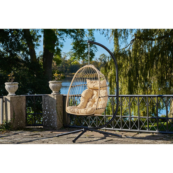 Hanging chair, steel stand, foldable seat, incl.cushions, natural/black 195x117x107 cm